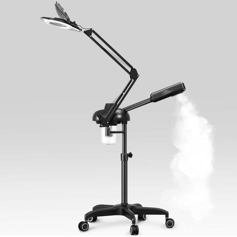 A black TASALON facial steamer with a 5X magnifying lamp, mounted on a wheeled stand for mobility.