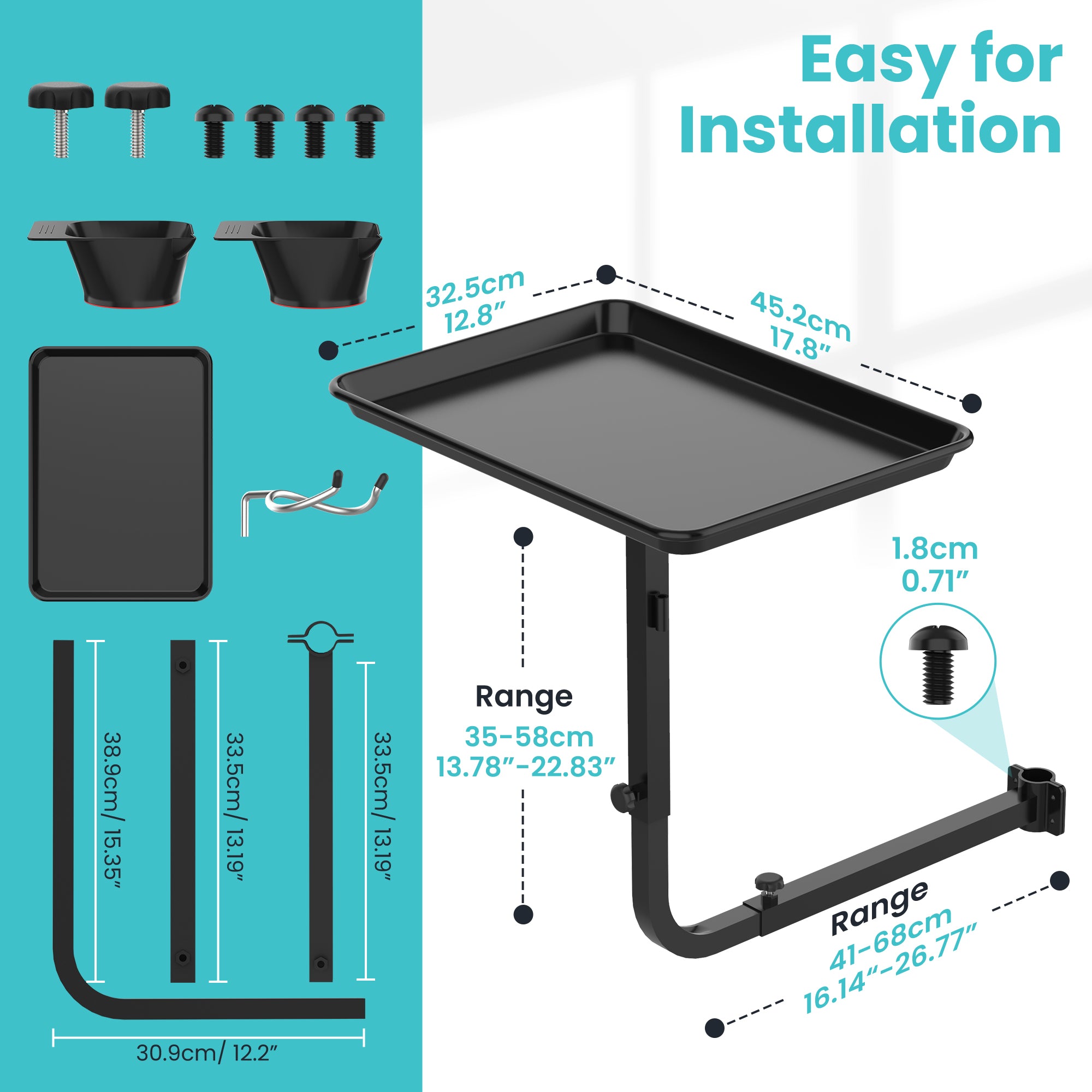 TASALON Metal Hairstylist Tray with 2 Magnetic Bowls, Attached To Chair