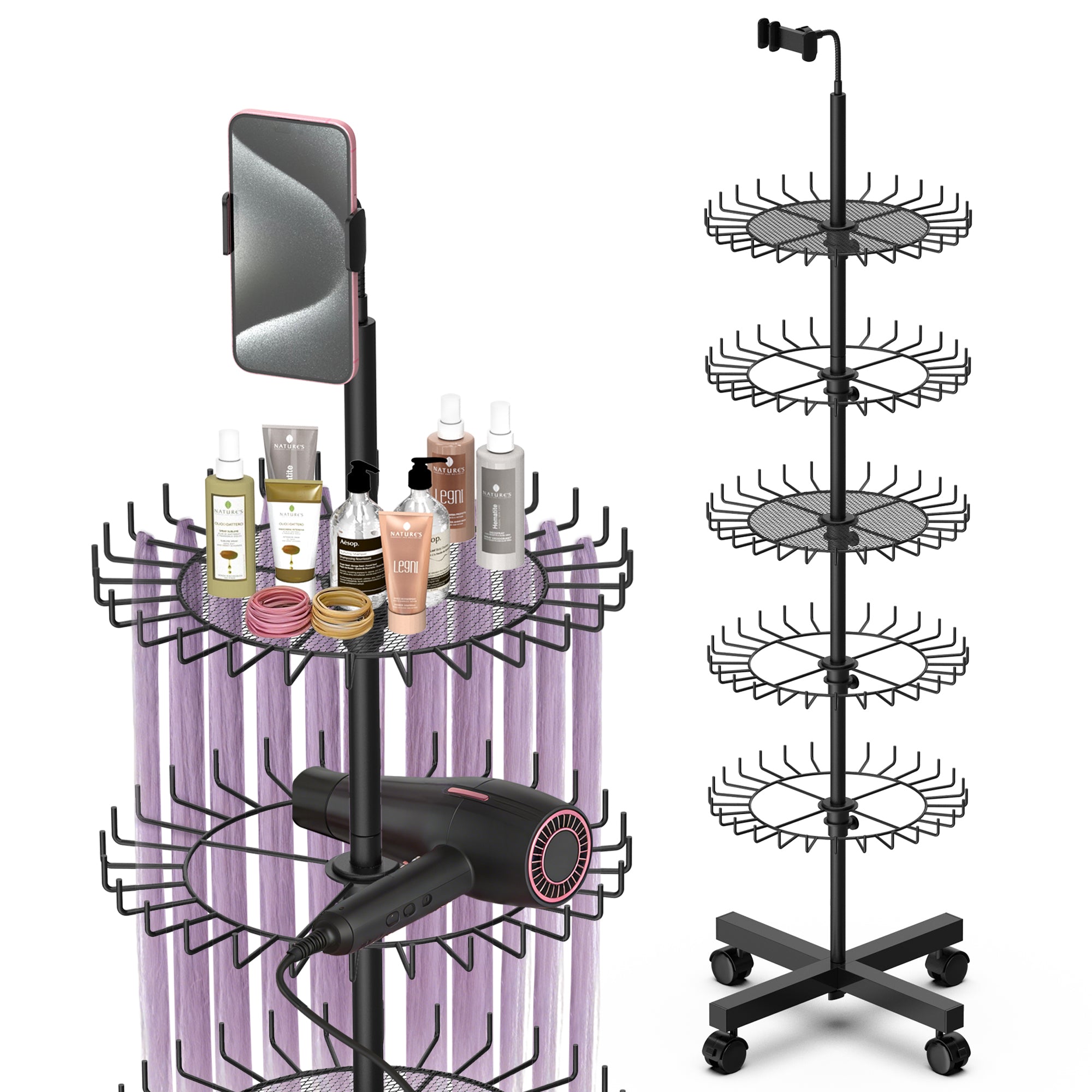 Professional Hair Rack for Braiding with Storage Trays & Phone Holder