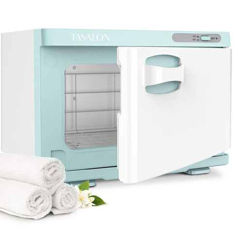 A white TASALON 8L hot towel warmer cabinet with a glass door, displayed alongside rolled white towels and a small white flower. The cabinet has a digital display and is shown against a white background.