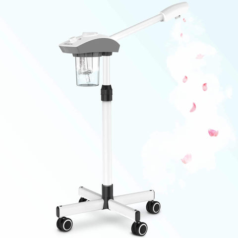 A professional facial steamer machine on a wheeled stand, primarily white with black accents, emitting steam.