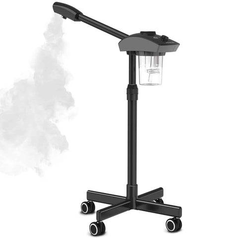 A professional facial steamer machine on a wheeled stand, primarily white with black accents, emitting steam.