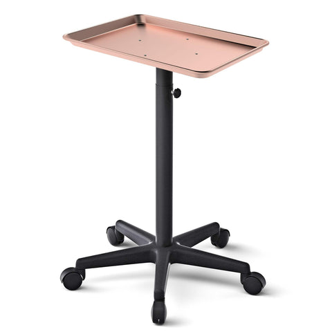 Adjustable salon tray on wheels in rose gold color with a black base.