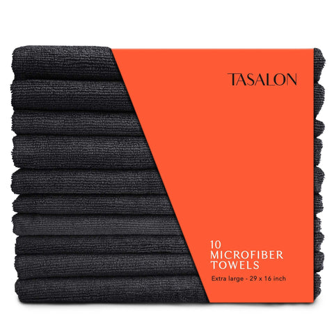 A pack of 10 black microfiber towels with a label indicating the brand TASALON and the size of 29 inches by 16 inches.