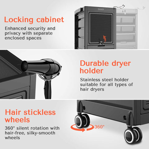 TASALON Premium Lockable Versatile Salon Trolley Cart-Black