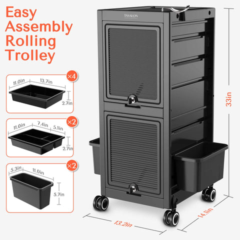 TASALON Premium Lockable Versatile Salon Trolley Cart-Black