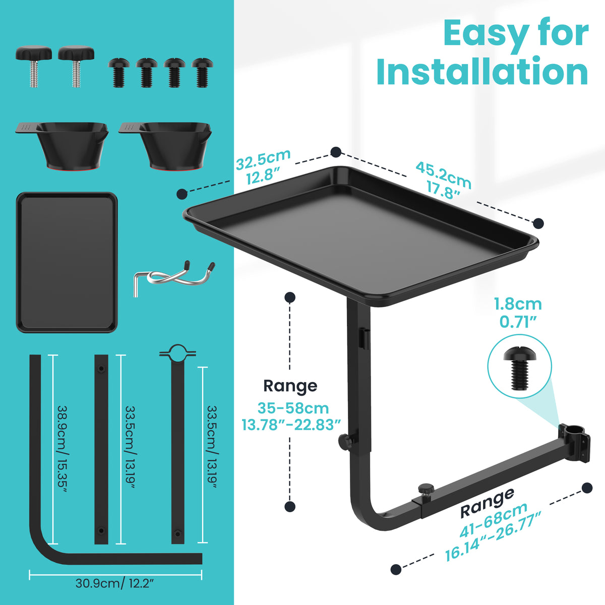 TASALON Metal Hairstylist Tray with 2 Magnetic Bowls, Attached To Chair