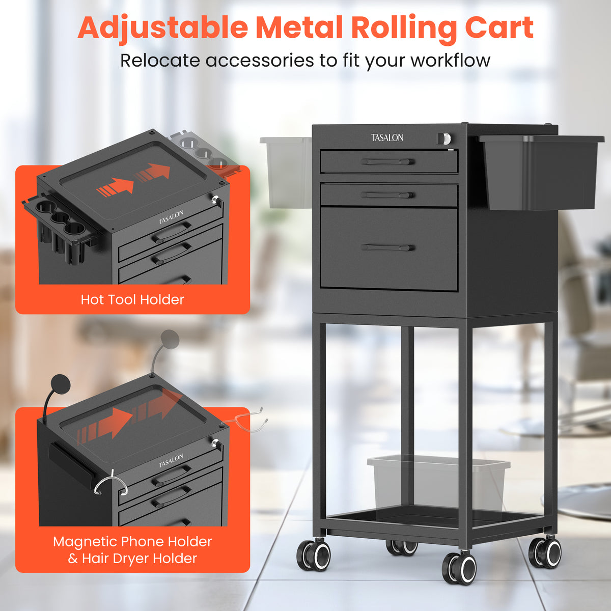 TASALON Metal Lockable Salon Cart with Wheels