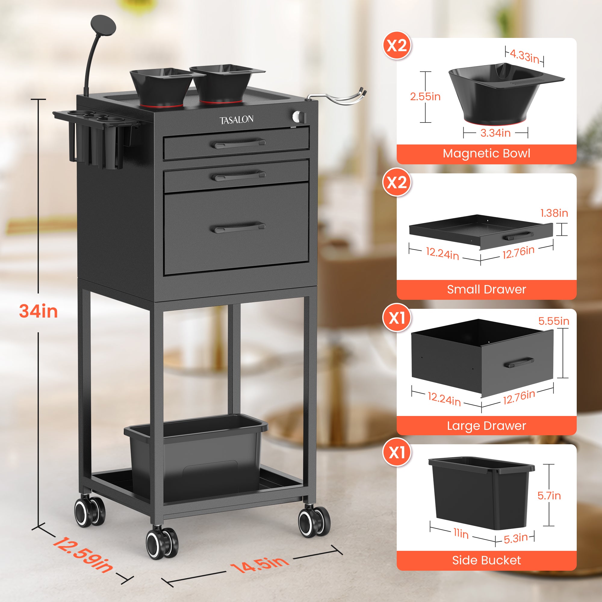 TASALON Metal Lockable Salon Cart with Wheels