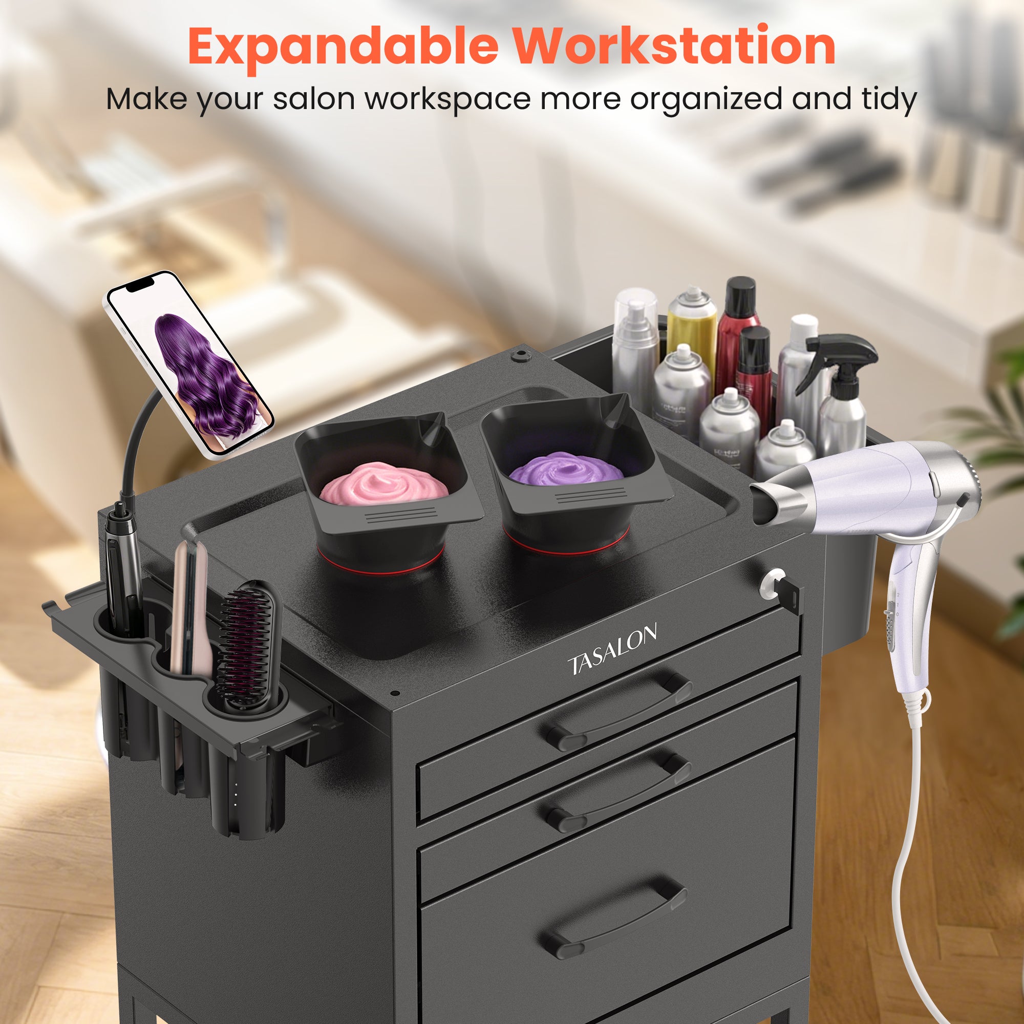 TASALON Metal Lockable Salon Cart with Wheels