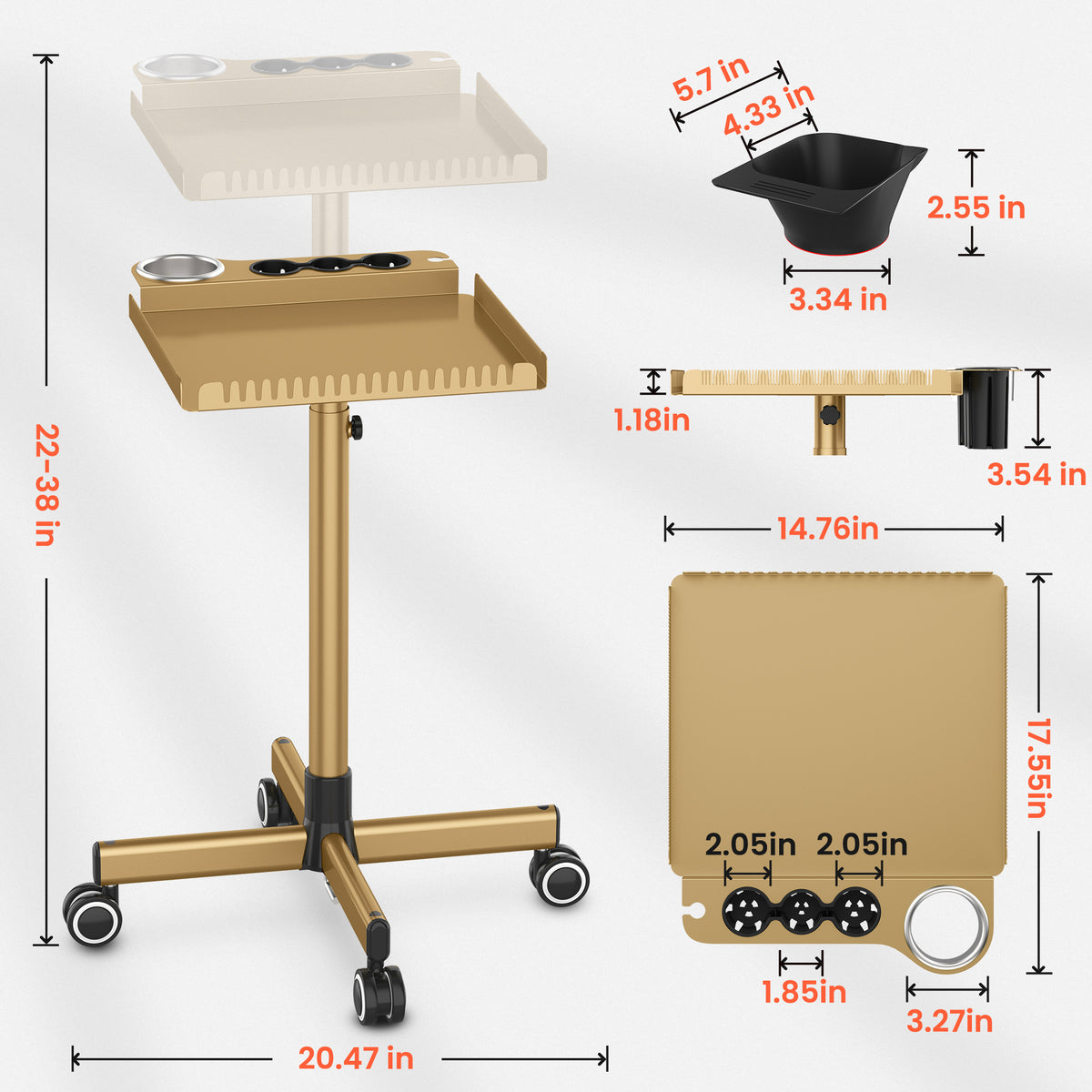 TASALON Metal Rolling Salon Tray on Wheels -Gold