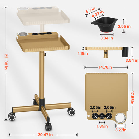 TASALON Metal Rolling Salon Tray on Wheels -Gold