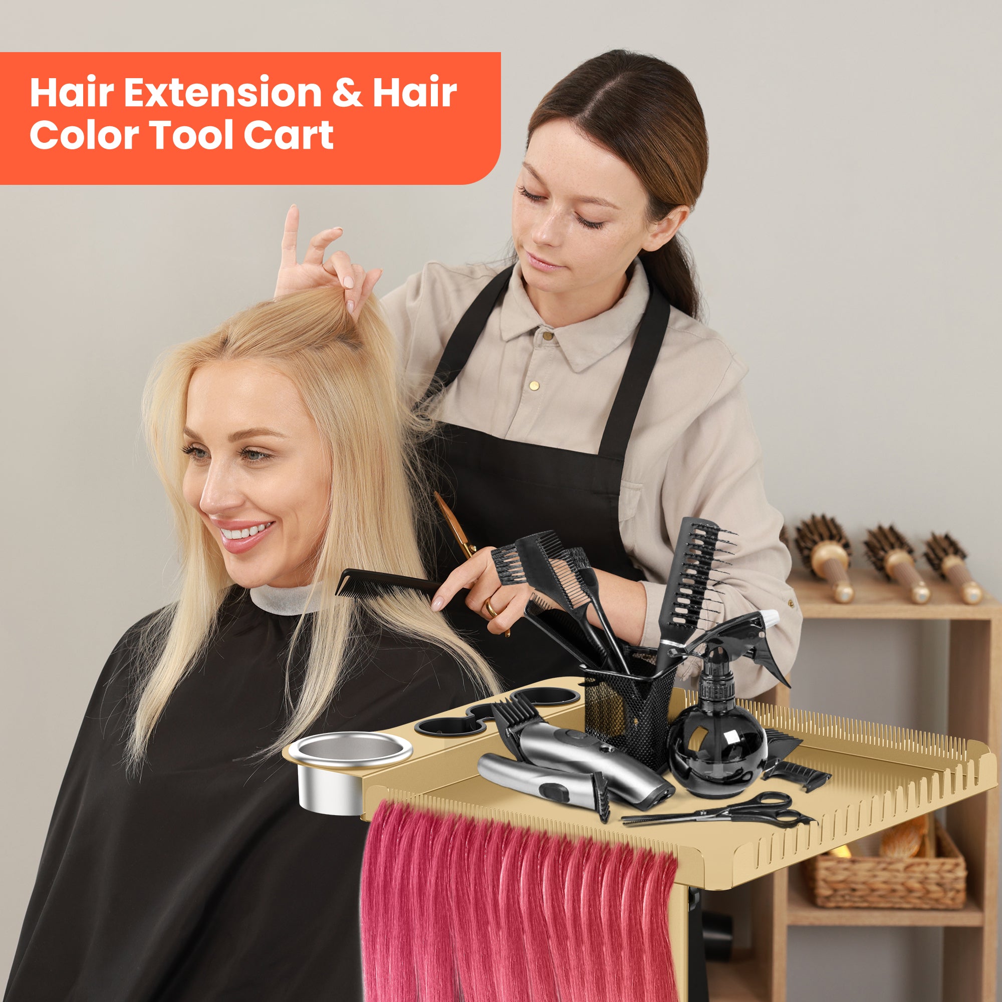 TASALON Metal Rolling Salon Tray on Wheels -Gold