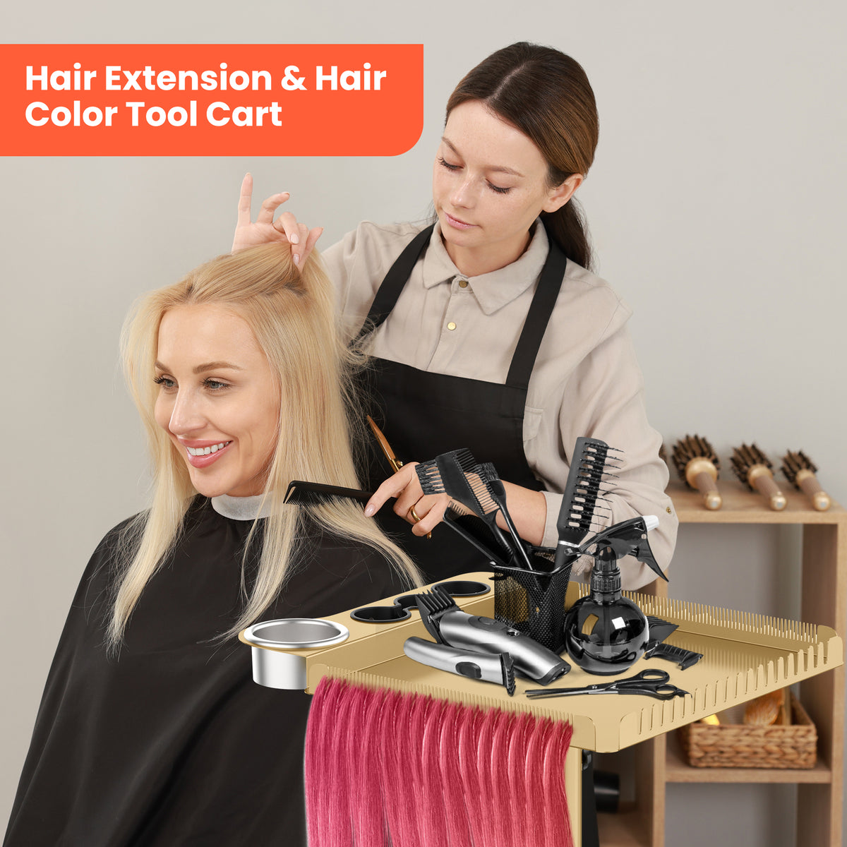 TASALON Metal Rolling Salon Tray on Wheels -Gold