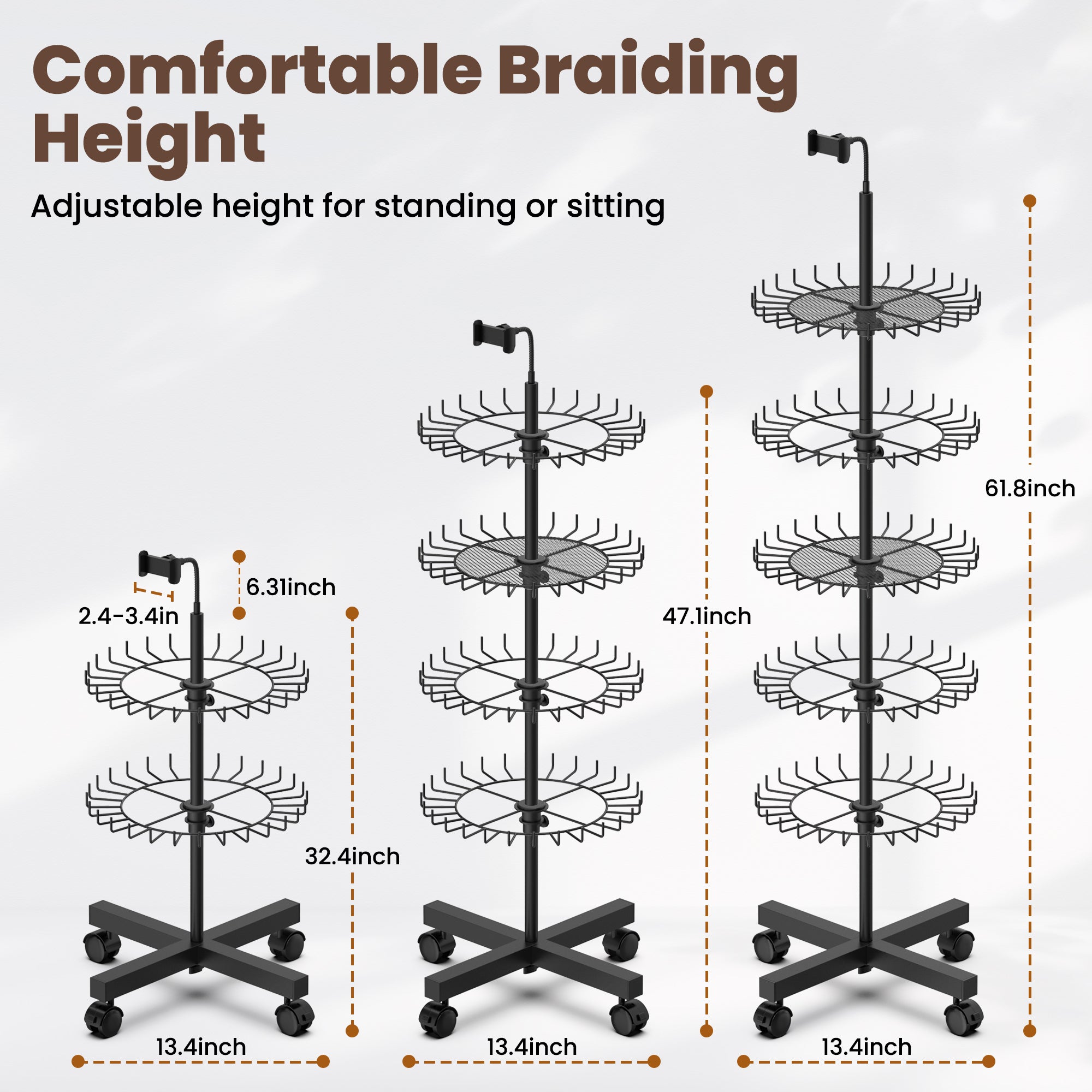 Professional Hair Rack for Braiding with Storage Trays & Phone Holder