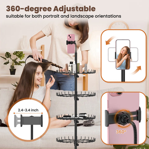 Professional Hair Rack for Braiding with Storage Trays & Phone Holder