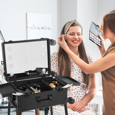 Professional Rolling Cosmetic Train Case with LED Mirror & Lock