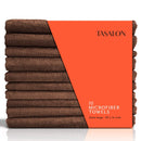 A stack of brown microfiber hair towels with a label showing the product name and quantity, 10 microfiber towels.