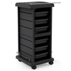 A black TASALON salon trolley cart with multiple storage drawers and wheels for mobility.