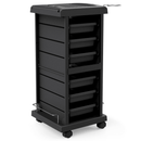 A black TASALON salon trolley cart with multiple storage drawers and wheels for mobility.