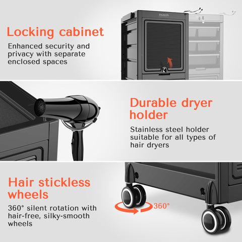 TASALON Premium Lockable Versatile  Salon Trolley Cart-Black