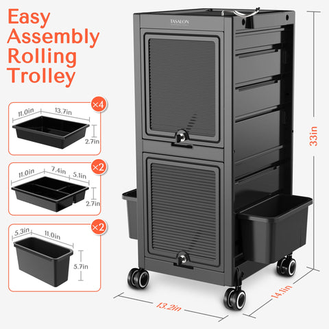 TASALON Premium Lockable Versatile  Salon Trolley Cart-Black